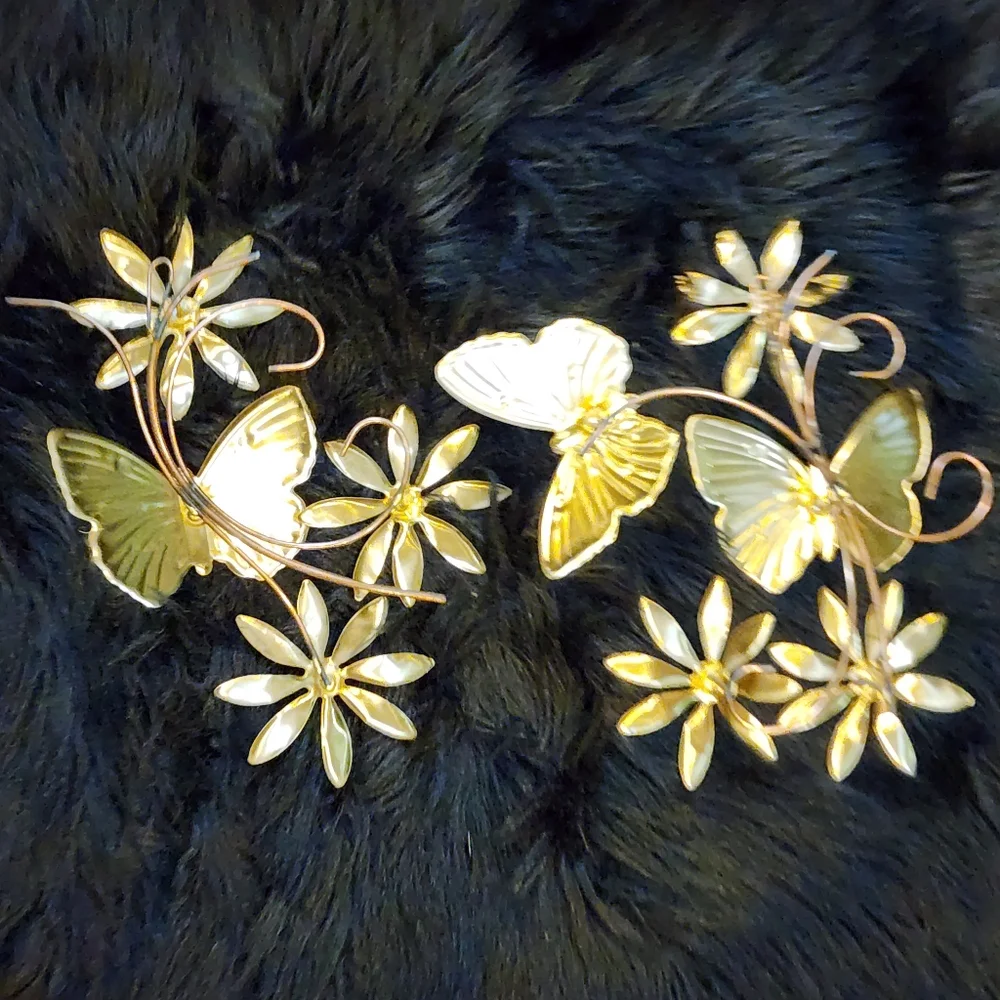 Set of 2 Vintage Brass Colored Metal Butterfly and Flower Wall Decor